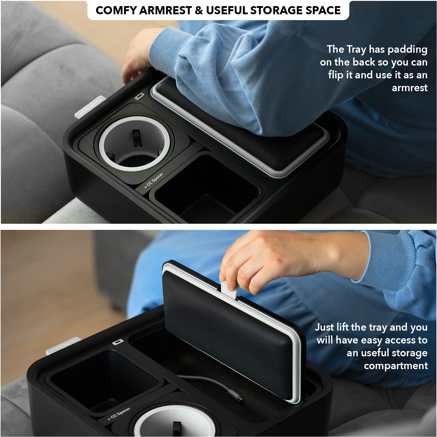 CouchConsole Self-Balancing Snack Tray, PhoneStand, Charging ,Black/Black