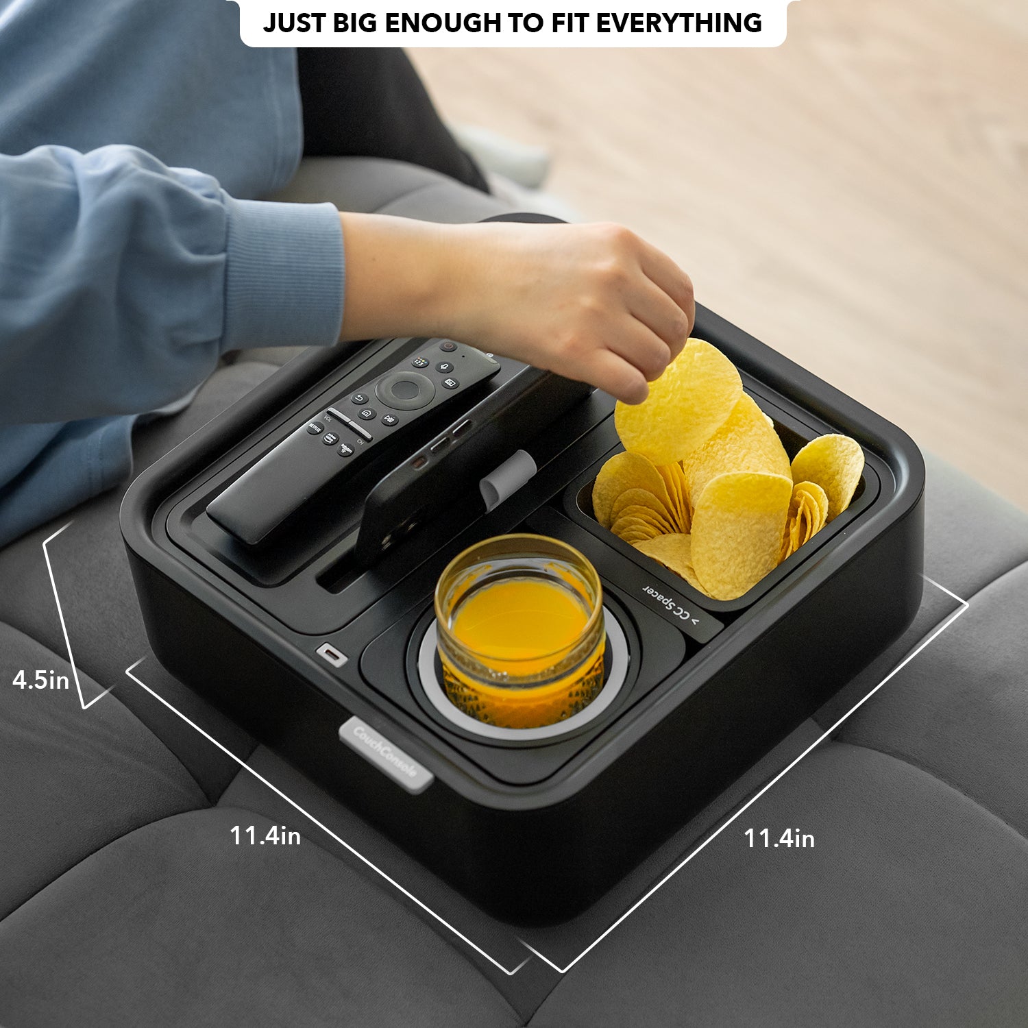 CouchConsole Self-Balancing Snack Tray, PhoneStand, Charging ,Black/Black